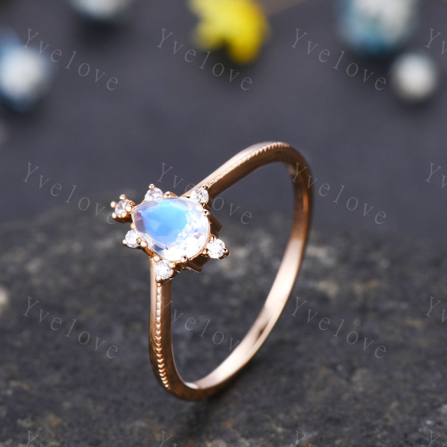 Pear Moonstone engagement ring rose gold ring for women Milgrain ring teardrop moonstone ring art deco unique promise Ring Gift for her