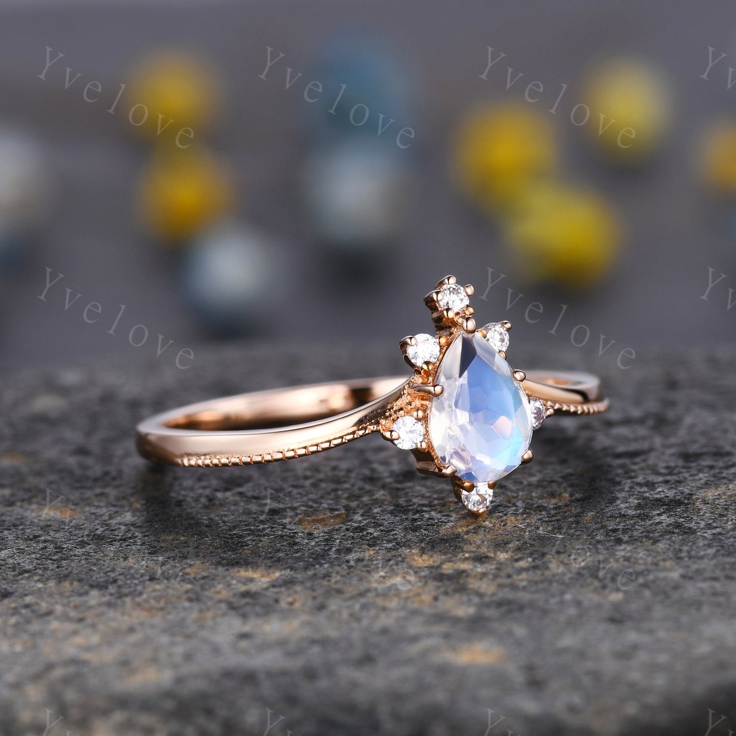 Pear Moonstone engagement ring rose gold ring for women Milgrain ring teardrop moonstone ring art deco unique promise Ring Gift for her