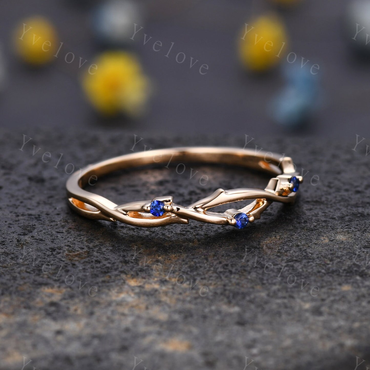 Dainty Sapphire Twig Engagement Ring,Twig Matching Band,Leaf Band With Sapphire,Twig Branch Wedding Band,14k Gold,Twisted Vine Stacking Band