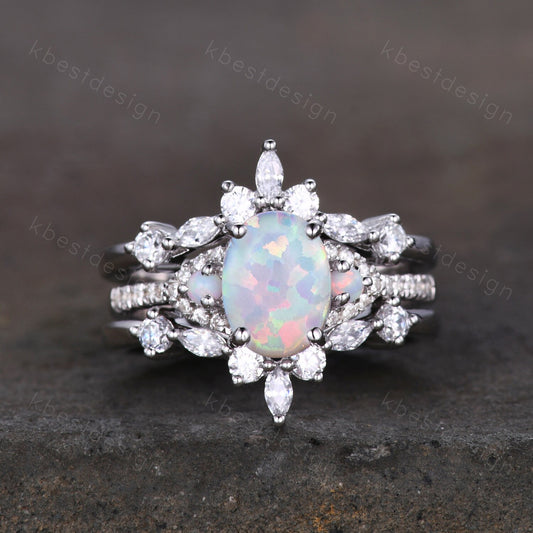 White Opal Engagement Ring Set, Sterling Silver Rings for Women, Art Deco Double Curved Stacking Band, Unique Bridal Wedding Band, Handmade