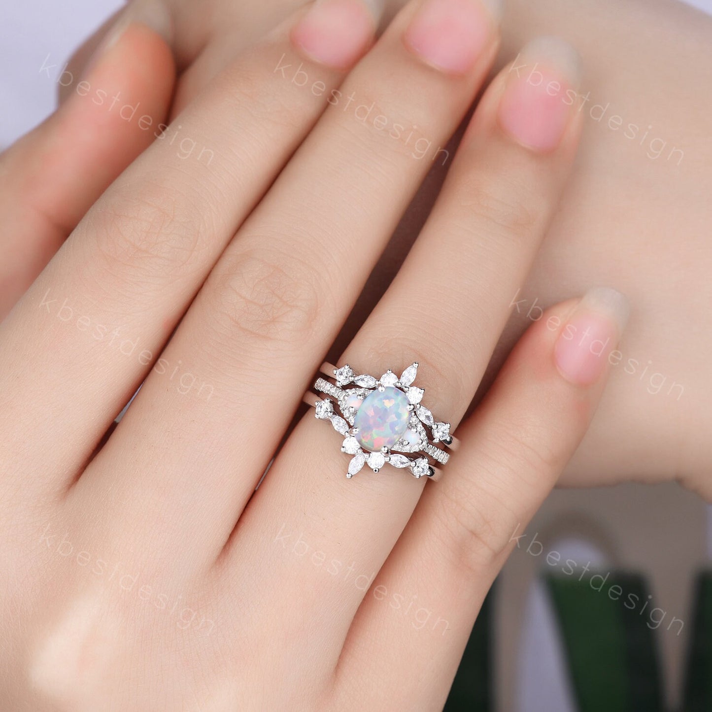 White Opal Engagement Ring Set, Sterling Silver Rings for Women, Art Deco Double Curved Stacking Band, Unique Bridal Wedding Band, Handmade