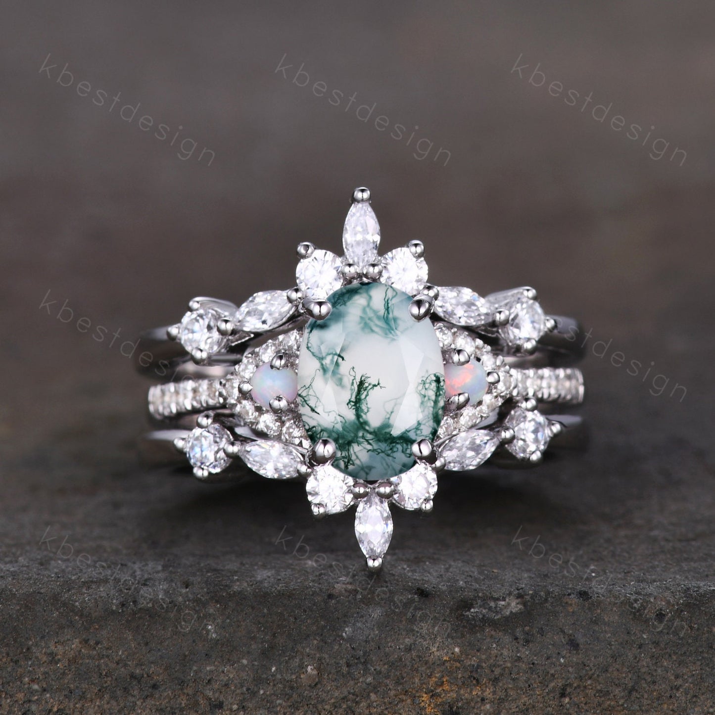 Vintage Moss Agate Engagement Ring Set Oval Engagement Ring Vintage Marquise cut Diamond Cluster ring Unique Bridal Set Promise Gift