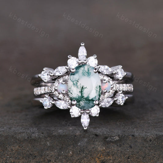 Vintage Moss Agate Engagement Ring Set Oval Engagement Ring Vintage Marquise cut Diamond Cluster ring Unique Bridal Set Promise Gift