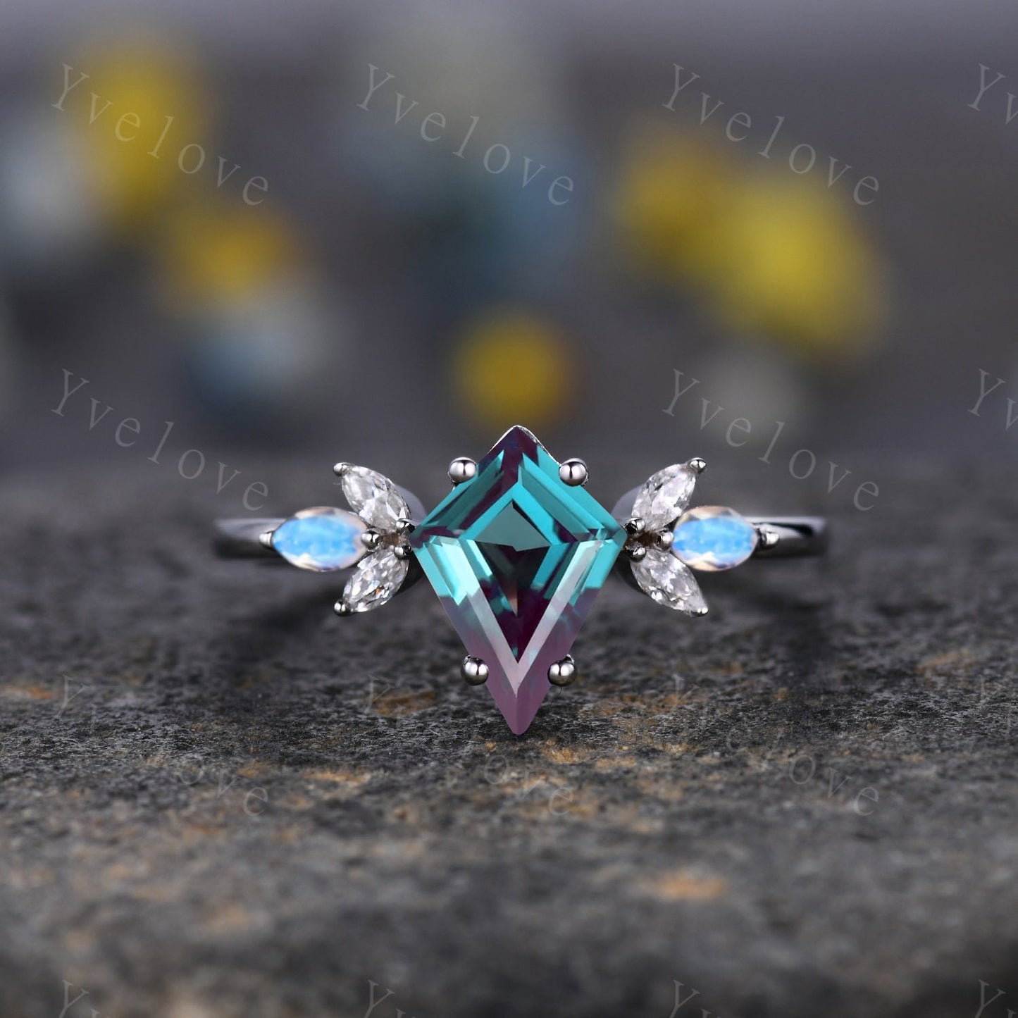 Art Deco Kite Alexandrite Engagement Ring,Unique Bridal Ring,Marquise Moonstone Ring,Moissanite Ring For Women,Rose Gold Band Silver Ring
