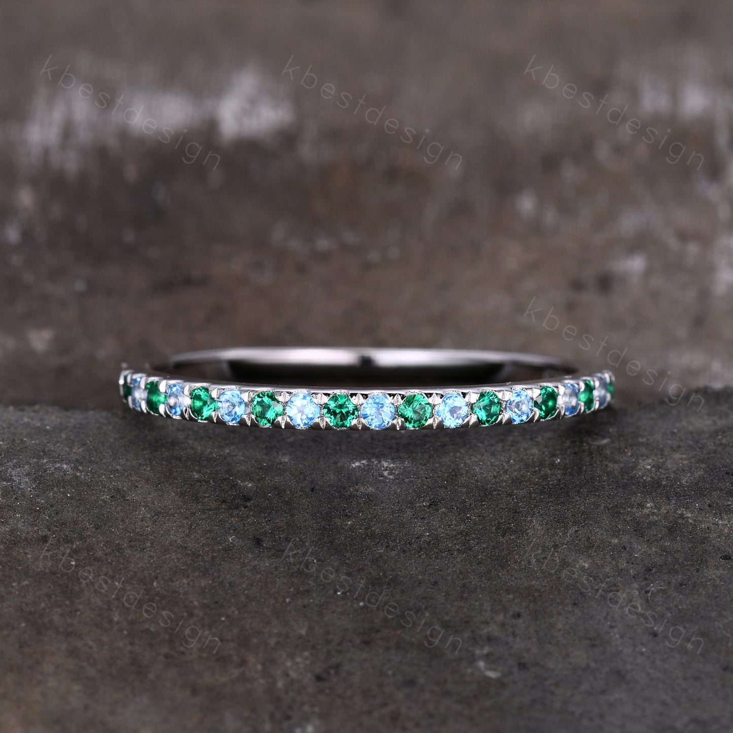 Half Eternity Emerald Blue Topaz Wedding Ring, 925 Sterling Silver Ring, Emerald Pave Wedding Band, Minimalist Ring, Anniversary Gift