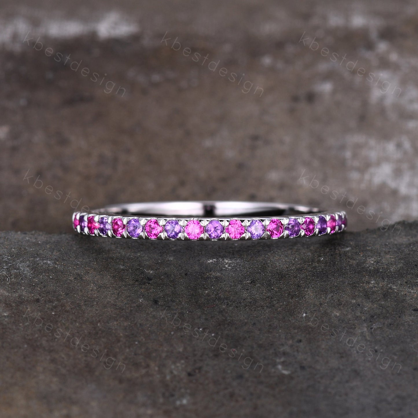 Half Eternity Wedding Band 1.5mm Ruby and Amethyst Wedding Band White Gold Ring July Birthstone Ring Pave Band Minimalist Stacking Band