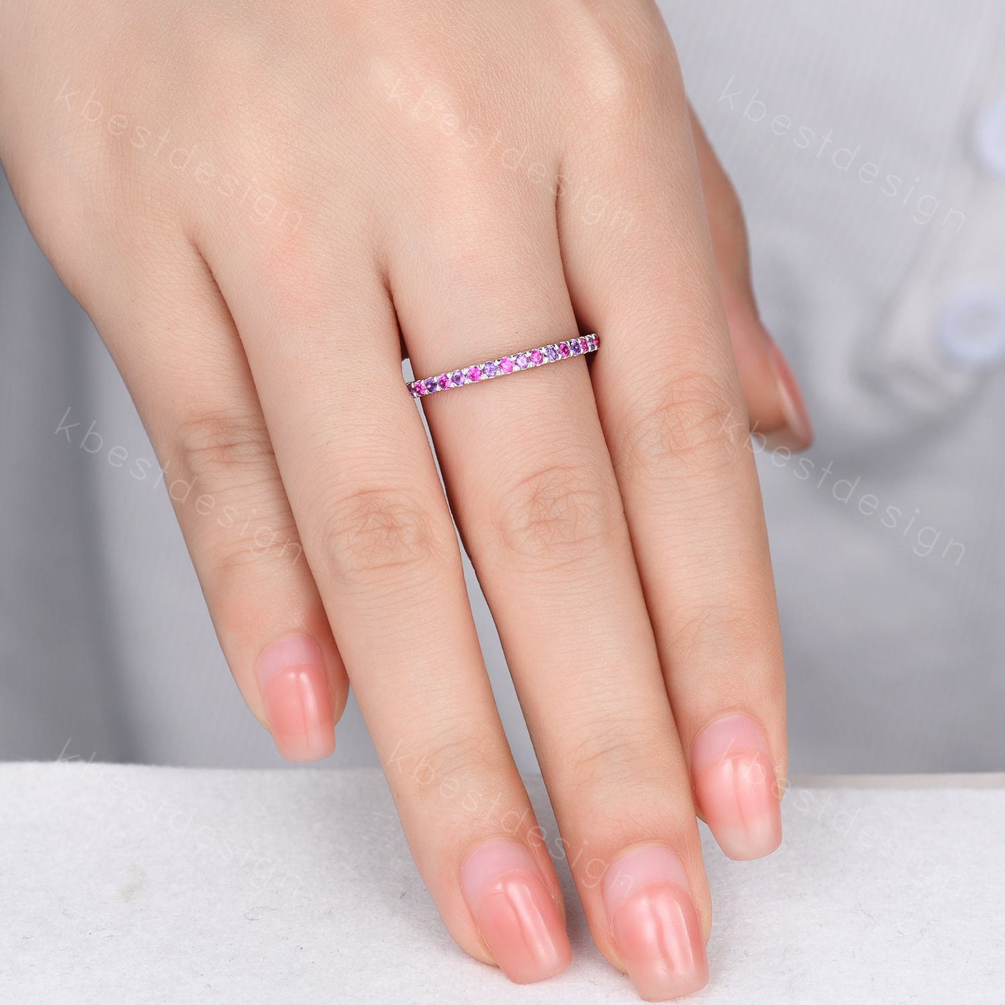 Half Eternity Wedding Band 1.5mm Ruby and Amethyst Wedding Band White Gold Ring July Birthstone Ring Pave Band Minimalist Stacking Band