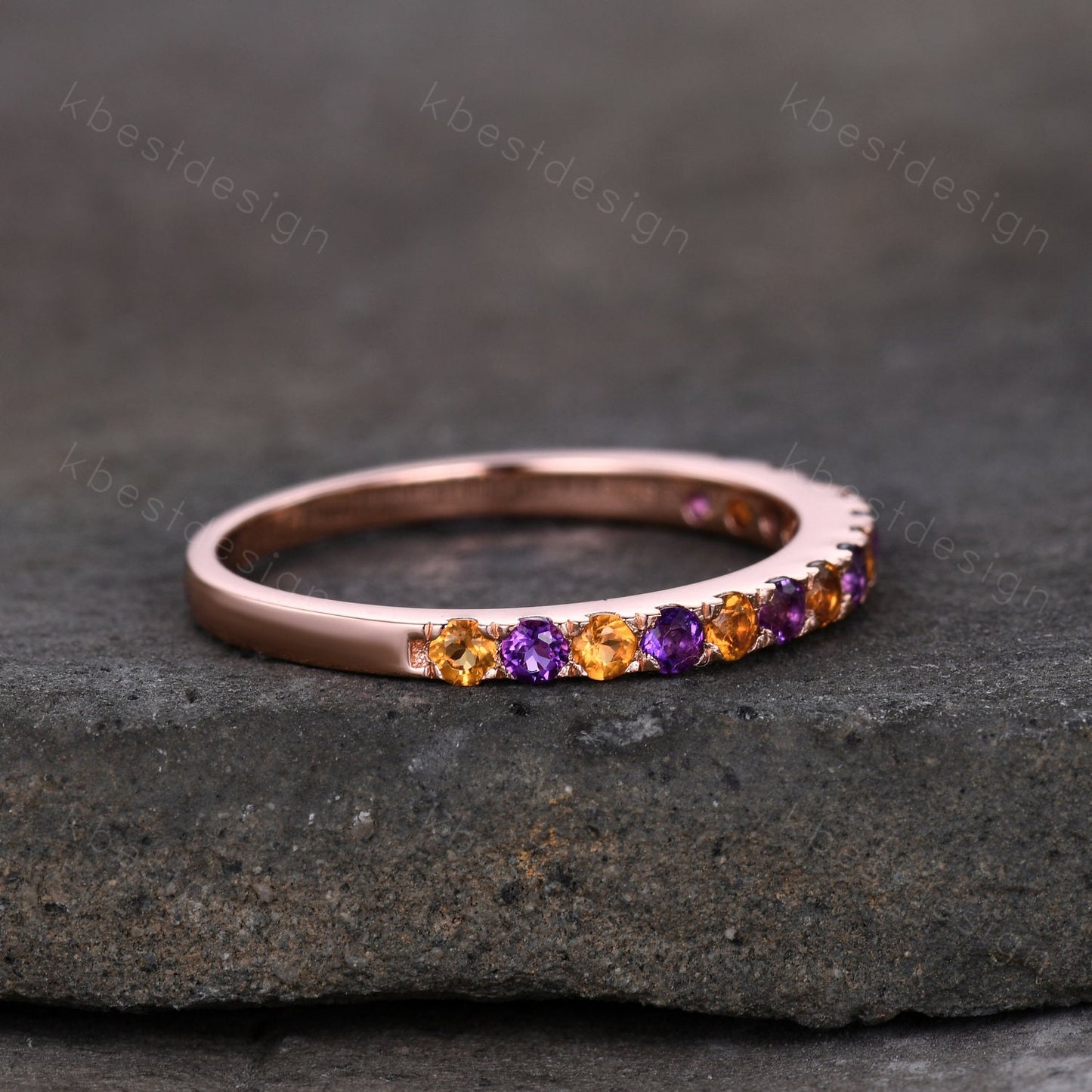 Half Eternity Amethyst Wedding Band 2mm Amethyst & Citrine Wedding Band Rose Gold Ring Dainty Stacking Band November Birthstone Ring