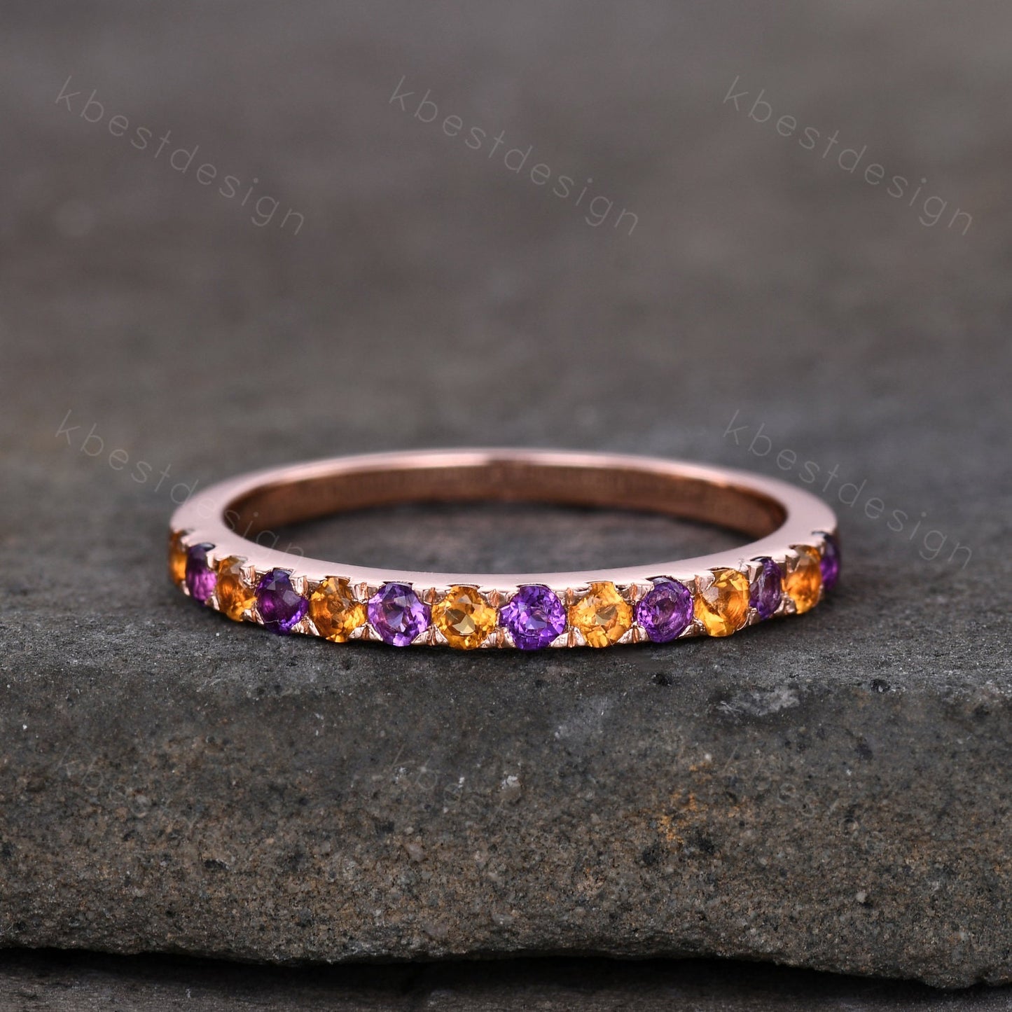 Half Eternity Amethyst Wedding Band 2mm Amethyst & Citrine Wedding Band Rose Gold Ring Dainty Stacking Band November Birthstone Ring