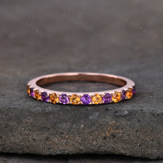 Half Eternity Amethyst Wedding Band 2mm Amethyst & Citrine Wedding Band Rose Gold Ring Dainty Stacking Band November Birthstone Ring