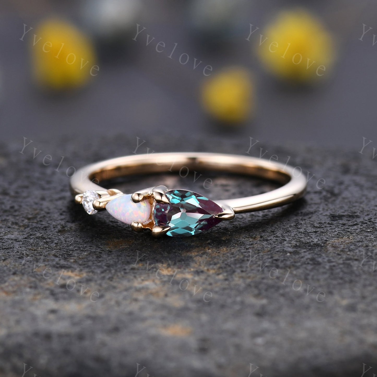 Vintage Alexandrite Opal Engagement Ring,Pear Cut Gems,Art Deco Moissanite Wedding Band,3 Stone Unique Women Bridal Promise Ring,Solid Gold