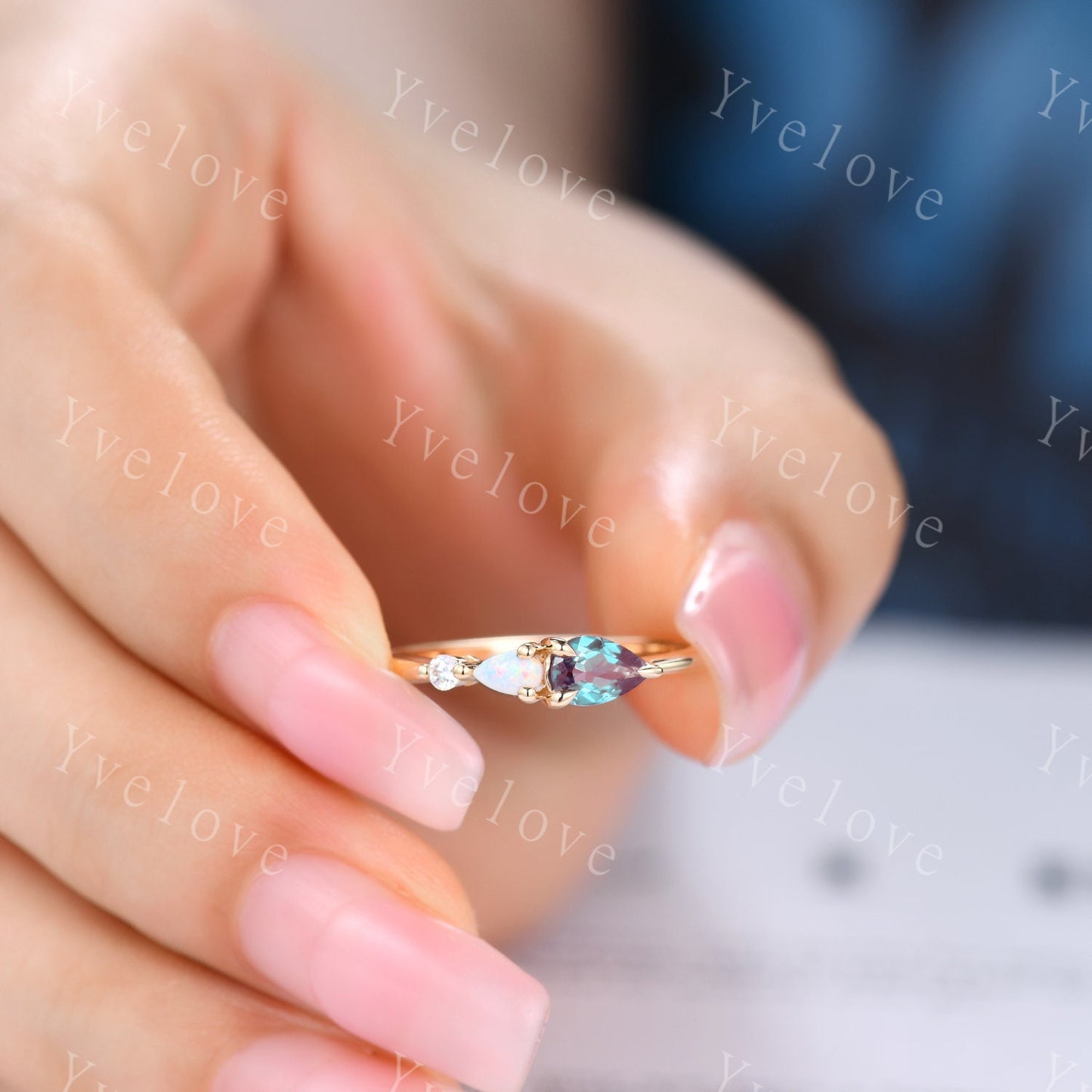 Vintage Alexandrite Opal Engagement Ring,Pear Cut Gems,Art Deco Moissanite Wedding Band,3 Stone Unique Women Bridal Promise Ring,Solid Gold