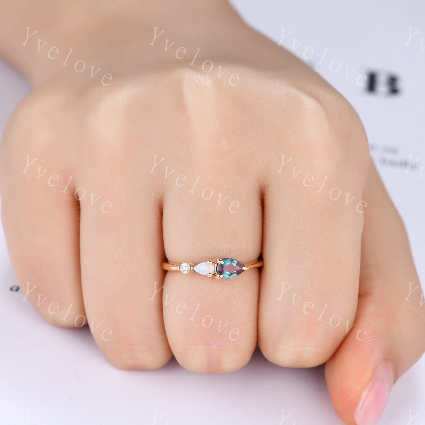 Vintage Alexandrite Opal Engagement Ring,Pear Cut Gems,Art Deco Moissanite Wedding Band,3 Stone Unique Women Bridal Promise Ring,Solid Gold