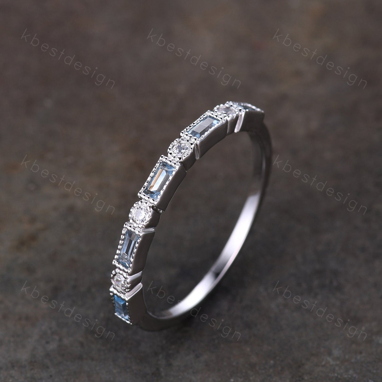 Blue Topaz Wedding Band, Half Eternity Baguette Band, White Gold Band, Art Deco Stacking Band, Anniversary Gift, December Birthstone Ring