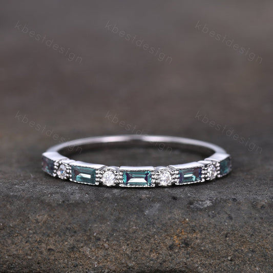 Alexandrite Ring Half Eternity Wedding Band White Gold Art Deco Baguette Stacking Band Anniversary Ring June Birthstone Ring Women Gift