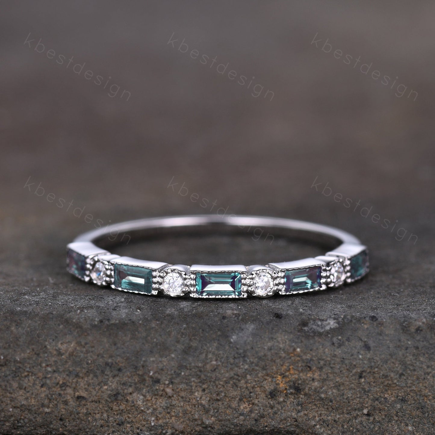 Alexandrite Ring Half Eternity Wedding Band White Gold Art Deco Baguette Stacking Band Anniversary Ring June Birthstone Ring Women Gift