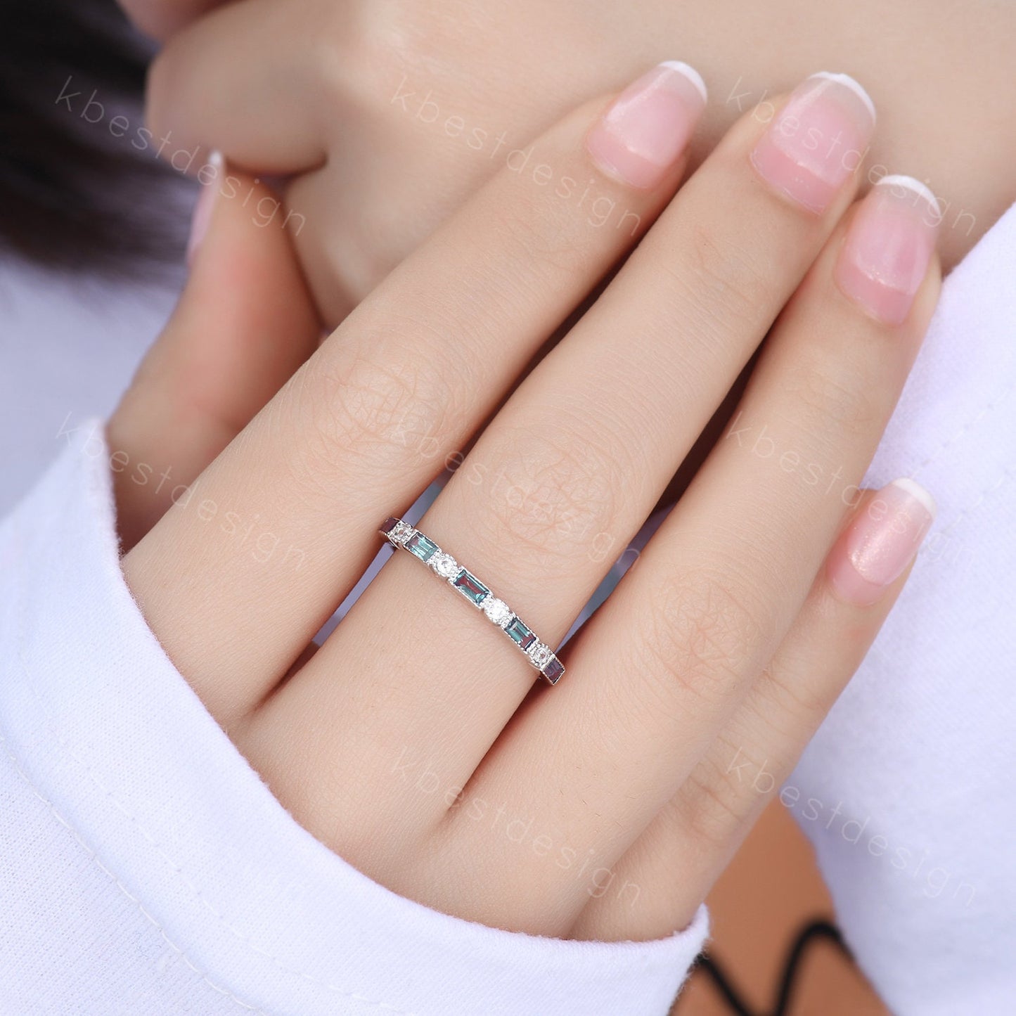 Alexandrite Ring Half Eternity Wedding Band White Gold Art Deco Baguette Stacking Band Anniversary Ring June Birthstone Ring Women Gift