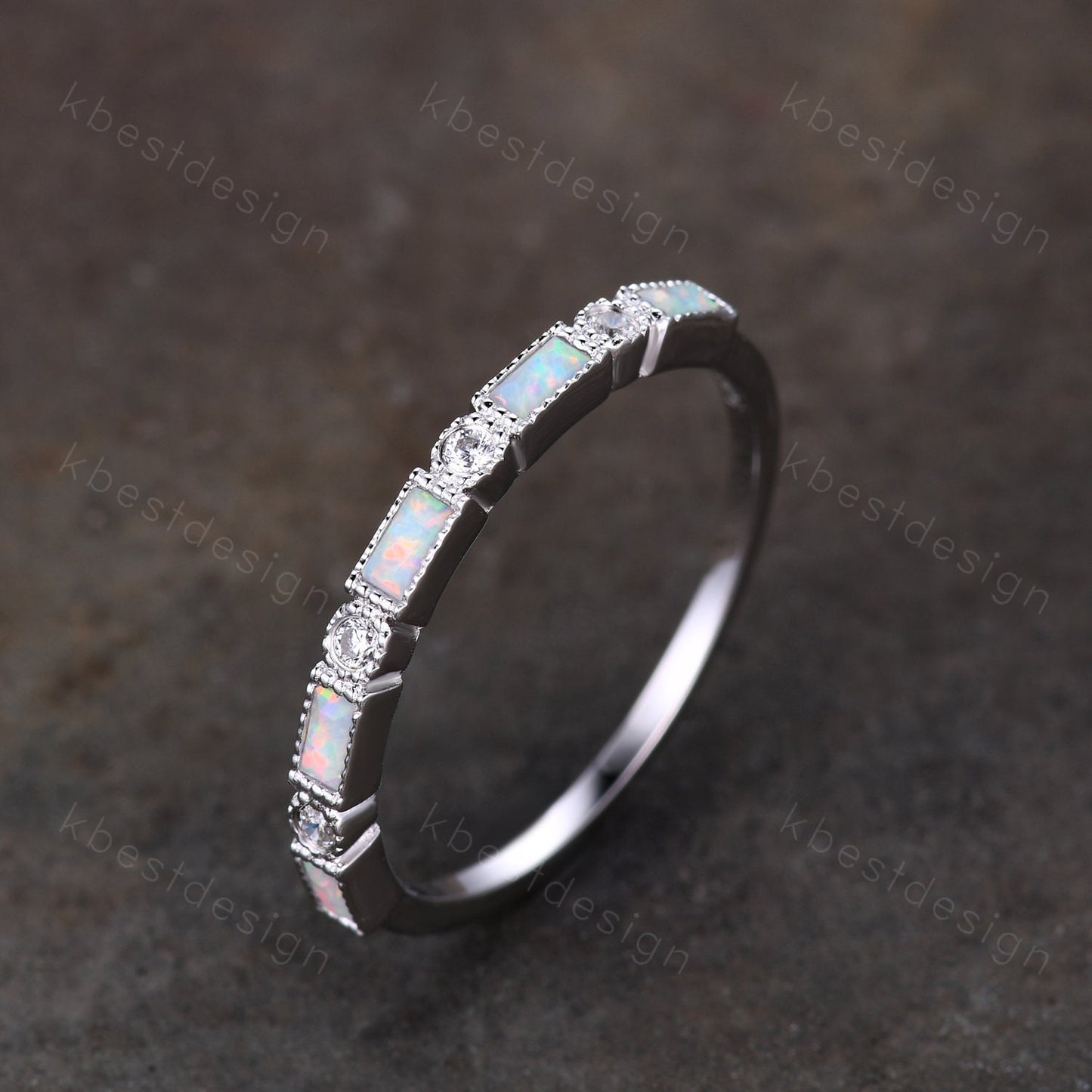 Opal Wedding Band Art Deco Half Eternity Baguette Wedding Band White Gold Opal Stacking Band Vintage Wedding Ring Anniversary Gift Silver