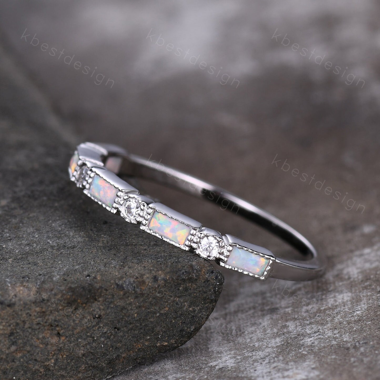 Opal Wedding Band Art Deco Half Eternity Baguette Wedding Band White Gold Opal Stacking Band Vintage Wedding Ring Anniversary Gift Silver