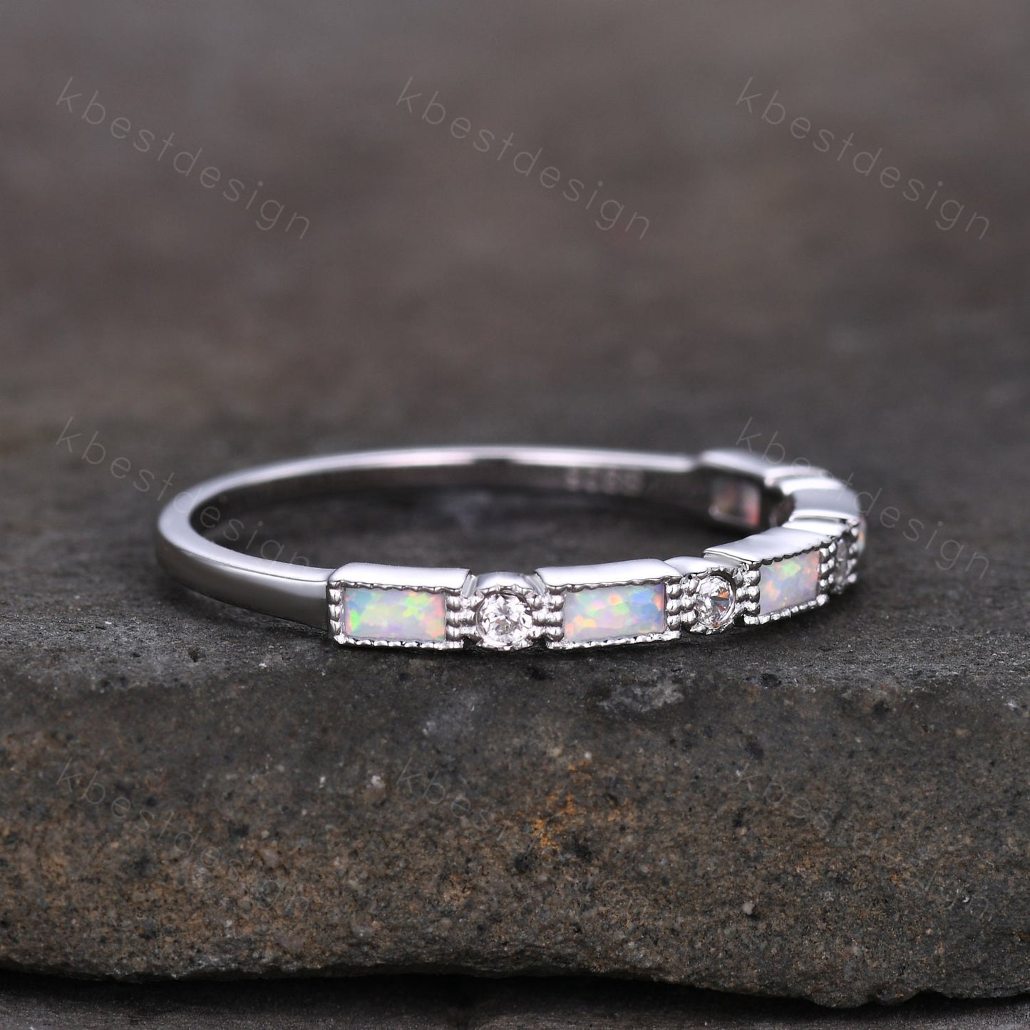 Opal Wedding Band Art Deco Half Eternity Baguette Wedding Band White Gold Opal Stacking Band Vintage Wedding Ring Anniversary Gift Silver