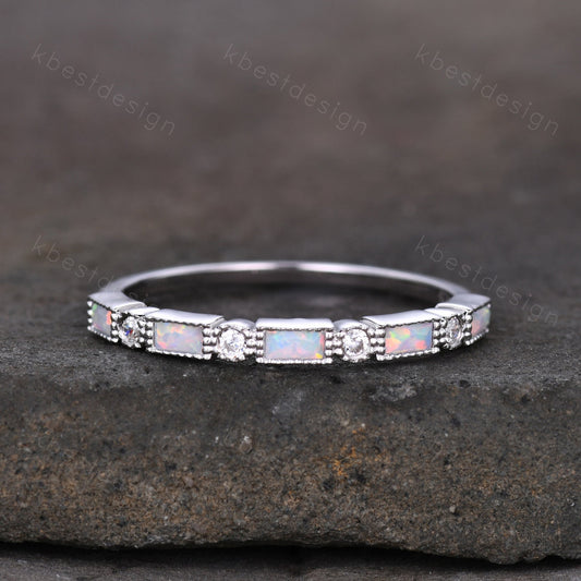 Opal Wedding Band Art Deco Half Eternity Baguette Wedding Band White Gold Opal Stacking Band Vintage Wedding Ring Anniversary Gift Silver