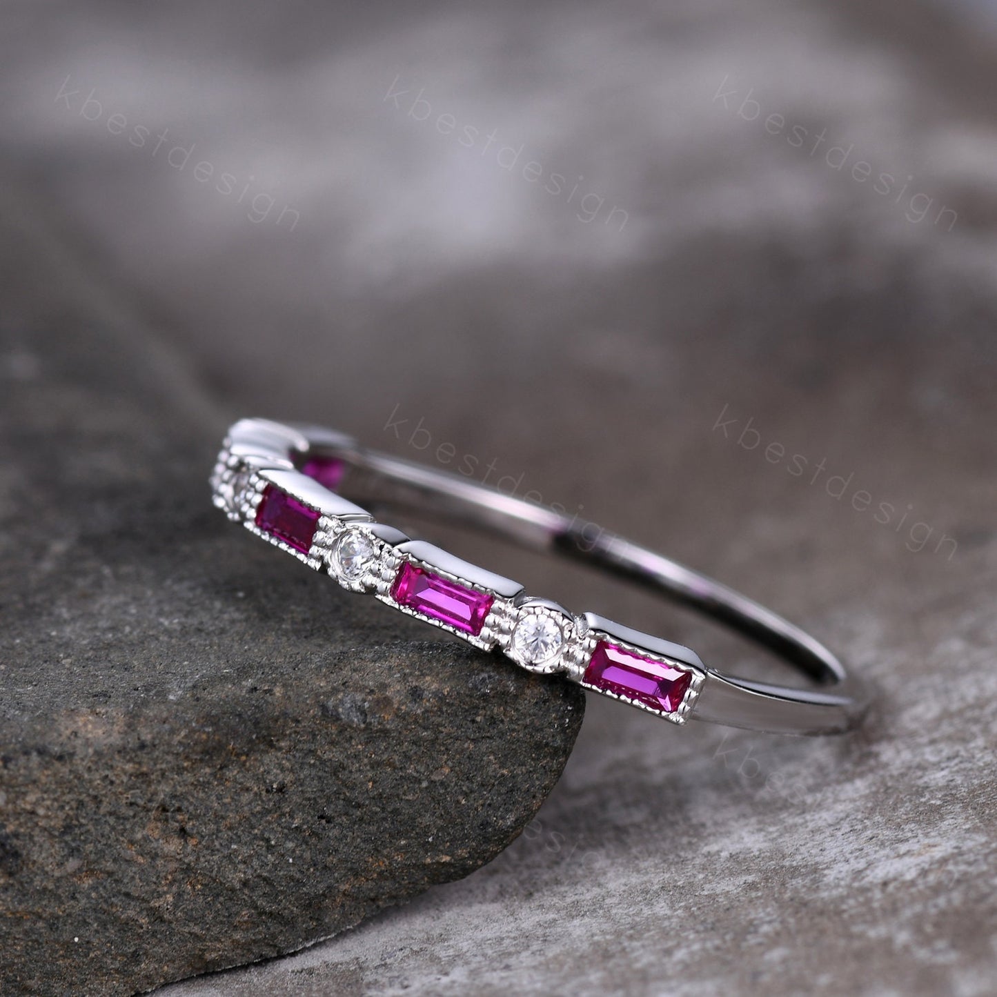 Ruby wedding band 14k white gold band art deco baguette band half eternity stacking matching band Vintage bridal anniversary ring