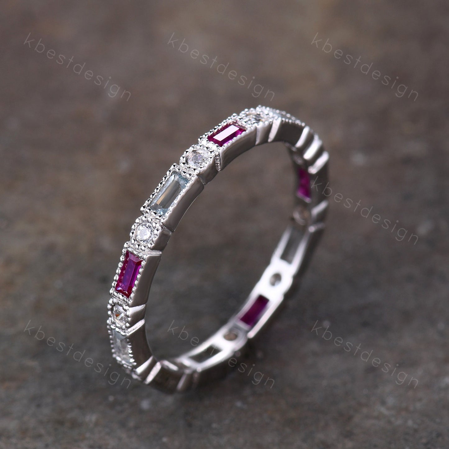 Baguette Ruby Eternity Band, Ruby and Aquamarine Wedding Band, Art Deco Stacking Band, July Birthstone Ring, Anniversary Gift, White Gold