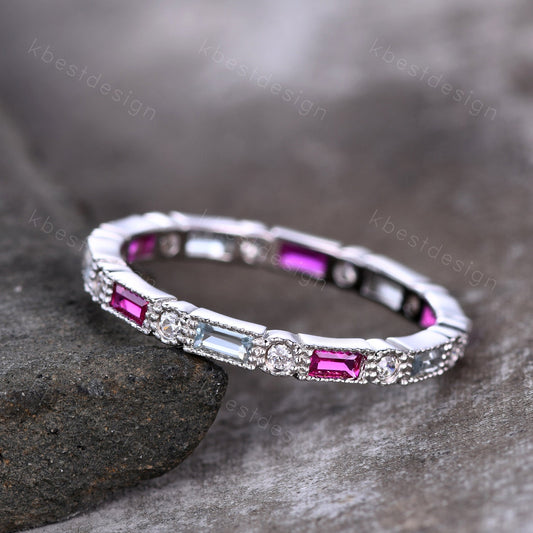 Baguette Ruby Eternity Band, Ruby and Aquamarine Wedding Band, Art Deco Stacking Band, July Birthstone Ring, Anniversary Gift, White Gold