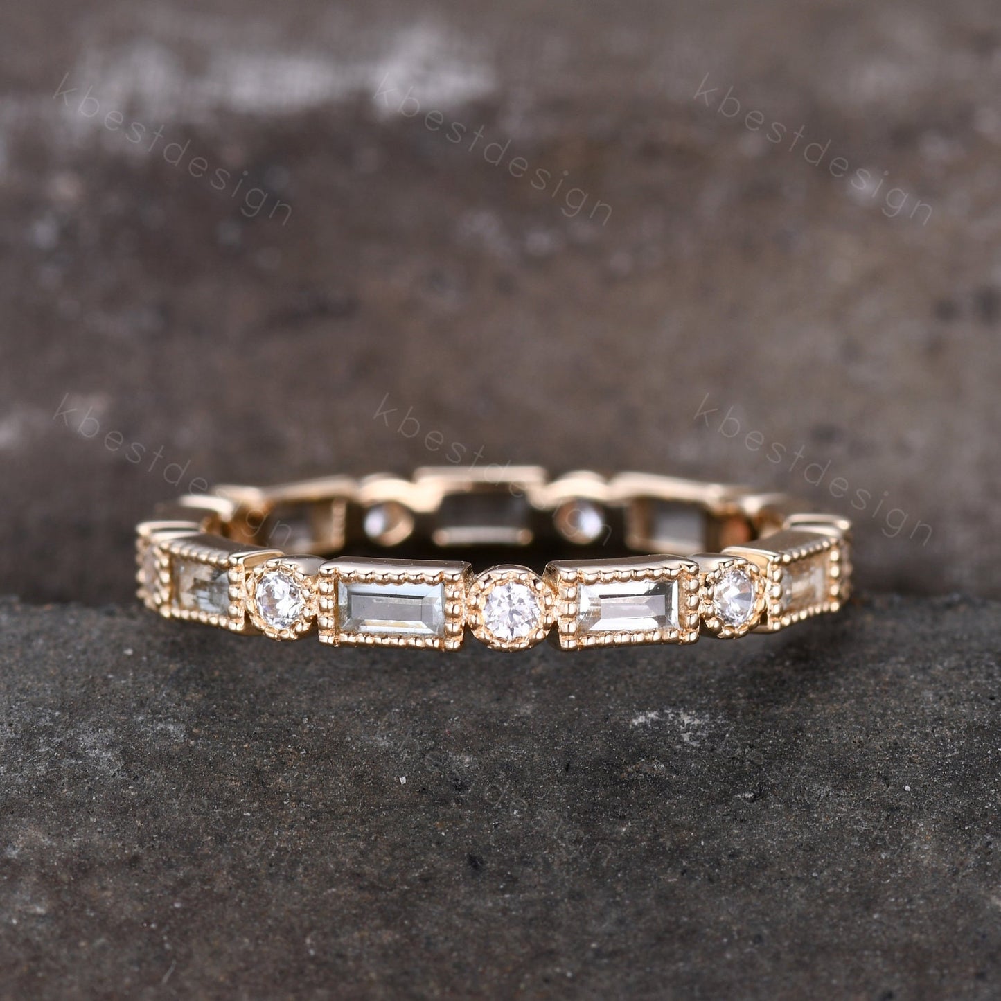 14K Gold Aquamarine Wedding Band, Baguette Aquamarine Eternity band, Art deco Milgrain Wedding Band, March Birthstone Ring, Gift for Her