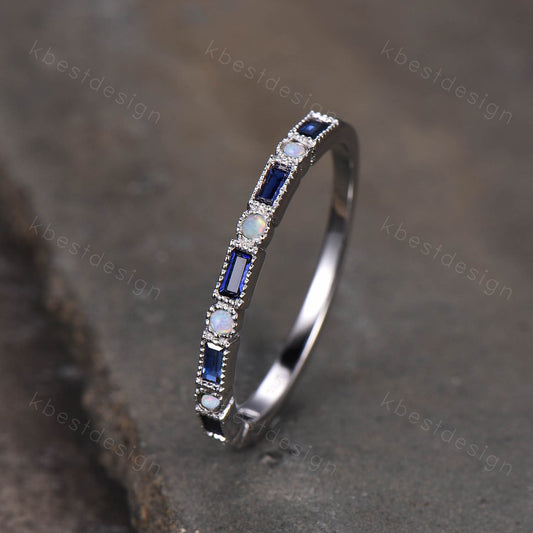 Sapphire and Opal Ring, Baguette Sapphire Ring, Half Eternity Stacking Ring, Silver Ring, Women's Wedding Ring, September Birthstone Ring