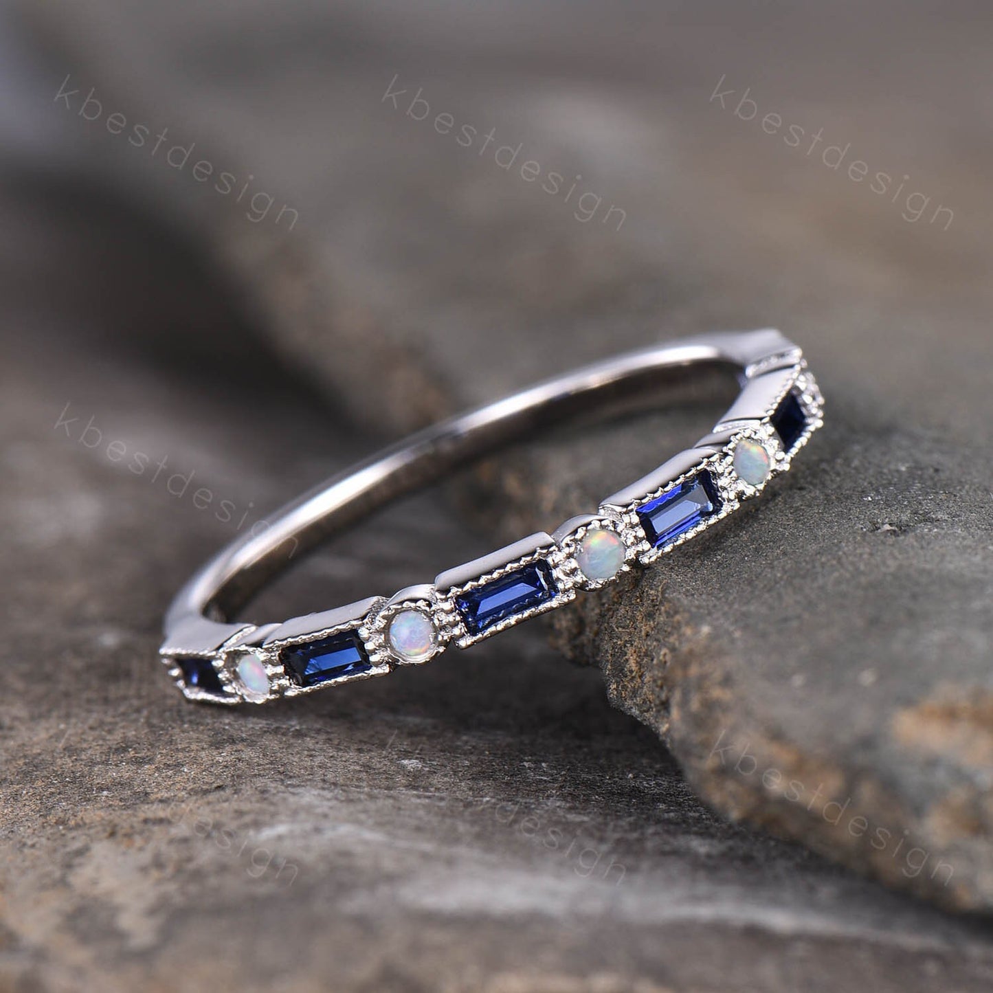 Sapphire and Opal Ring, Baguette Sapphire Ring, Half Eternity Stacking Ring, Silver Ring, Women's Wedding Ring, September Birthstone Ring