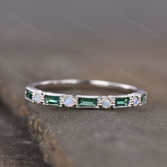Emerald Opal Wedding Band, Half Eternity Band, Baguette Stacking Band, Opal Ring, Sterling Silver Ring, Anniversary Ring, May Birthstone