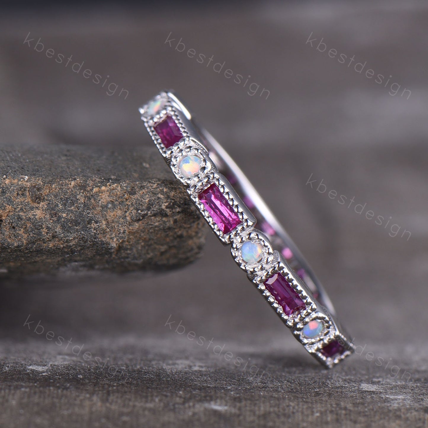 Ruby Opal Wedding Band Half Eternity Baguette Band Art Deco Stacking Wedding Ring Anniversary Ring Sterling Silver Ring July Birthstone Ring