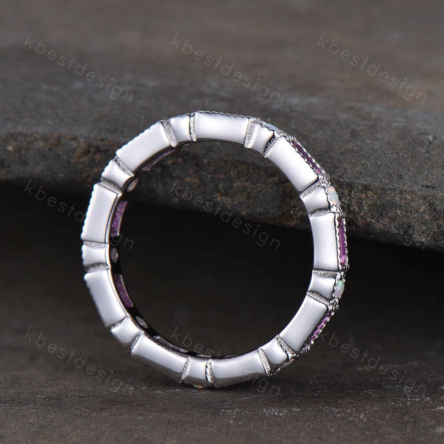 Eternity Ruby Opal Wedding Band, Baguette Ruby Wedding Band, Art Deco Stacking Matching Ring, Anniversary Ring, July Birthstone Ring
