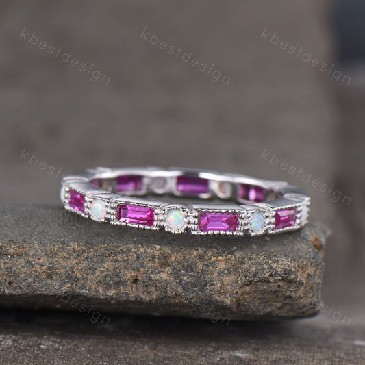 Eternity Ruby Opal Wedding Band, Baguette Ruby Wedding Band, Art Deco Stacking Matching Ring, Anniversary Ring, July Birthstone Ring