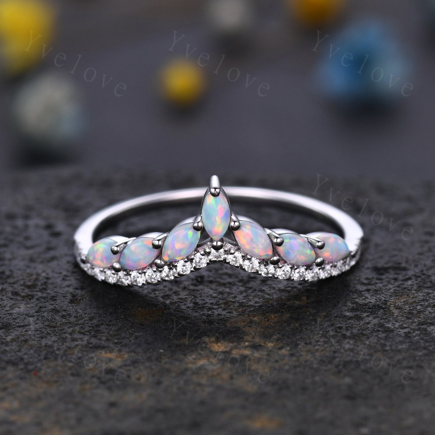 Multi-Gemstone Ring,White Fire Opal Rings for Women,14k White Gold Opal Engagement Ring,Opal Wedding Ring,Promise Ring Gift,Statement Ring