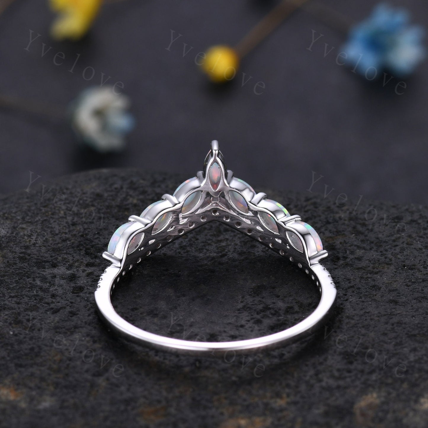 Multi-Gemstone Ring,White Fire Opal Rings for Women,14k White Gold Opal Engagement Ring,Opal Wedding Ring,Promise Ring Gift,Statement Ring