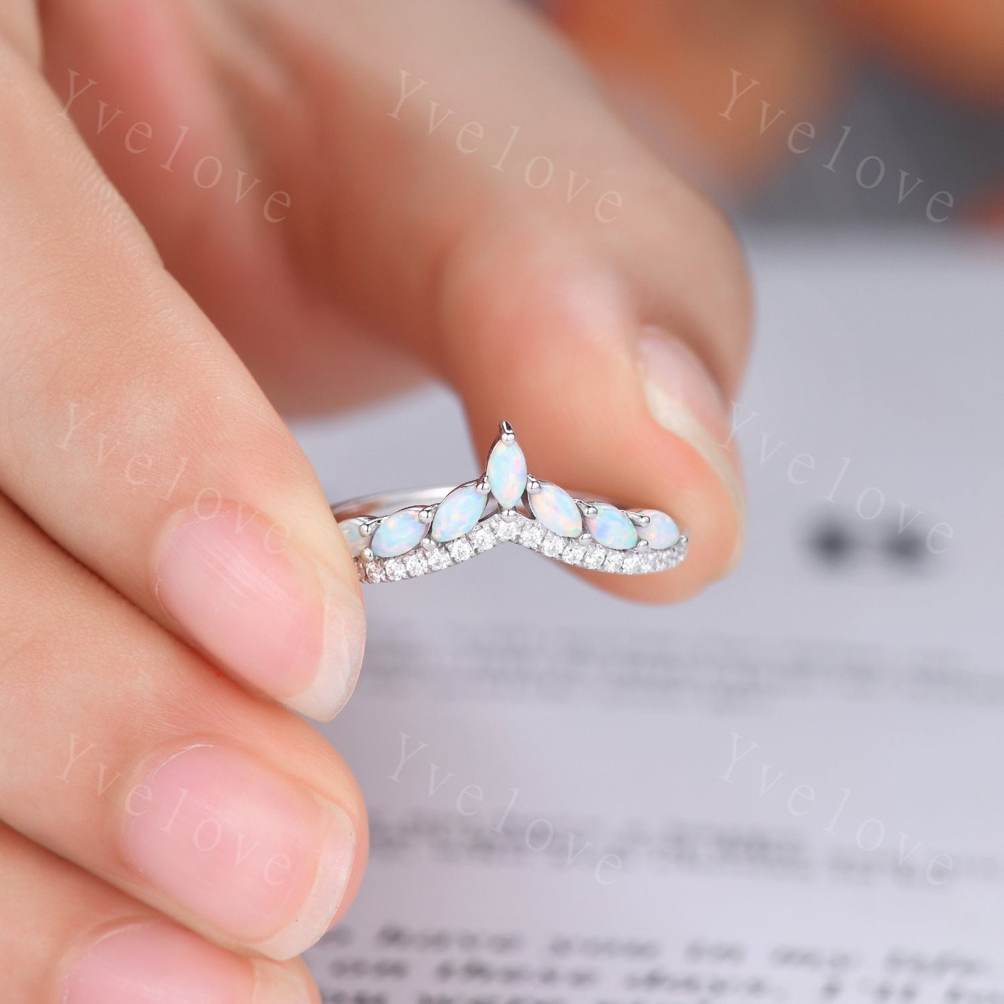 Multi-Gemstone Ring,White Fire Opal Rings for Women,14k White Gold Opal Engagement Ring,Opal Wedding Ring,Promise Ring Gift,Statement Ring