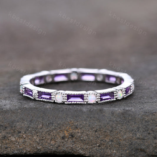 Amethyst Wedding Band Art Deco Eternity Band Opal Wedding Band White Gold Ring for Women Stacking Matching Band Anniversary Ring