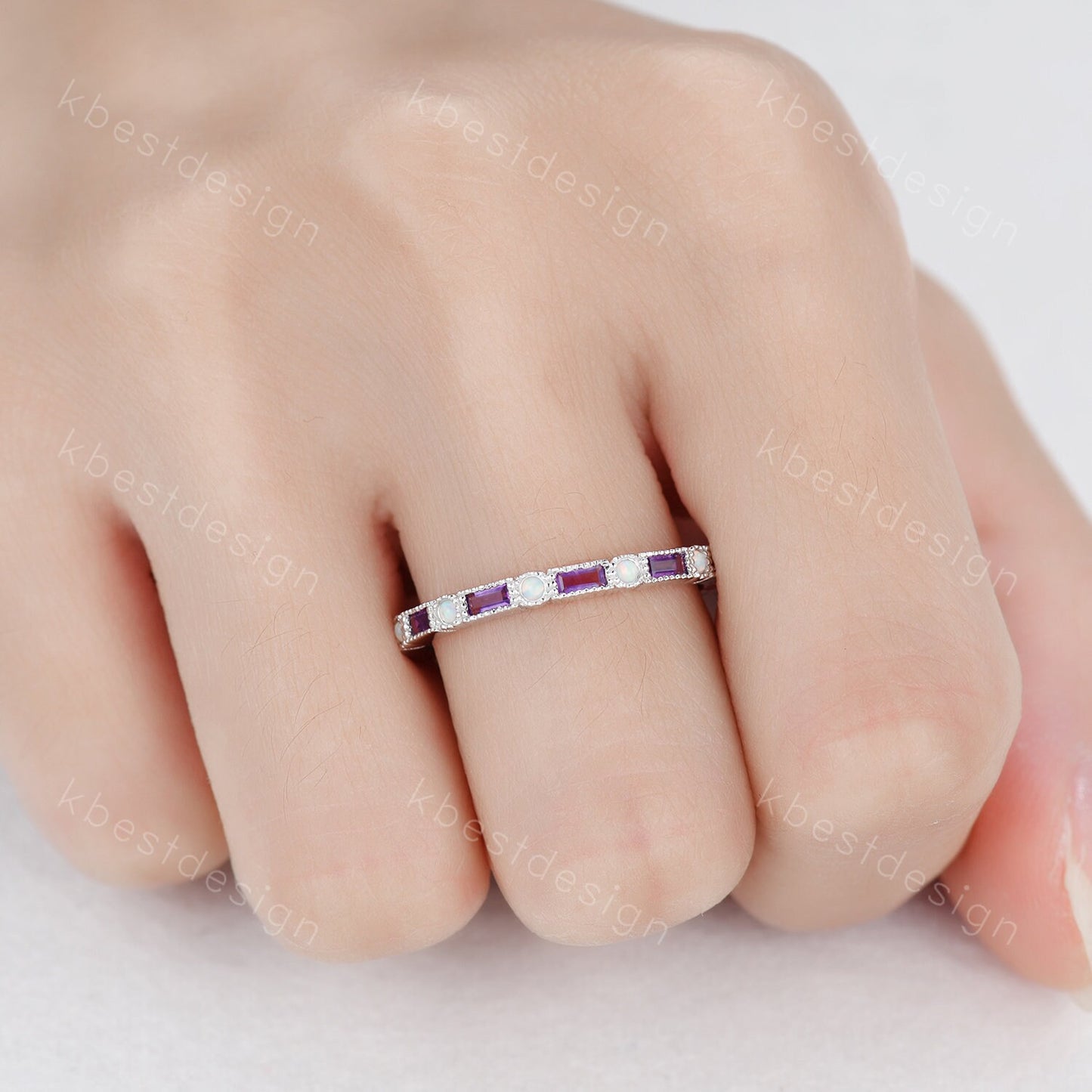 Amethyst Wedding Band Art Deco Eternity Band Opal Wedding Band White Gold Ring for Women Stacking Matching Band Anniversary Ring