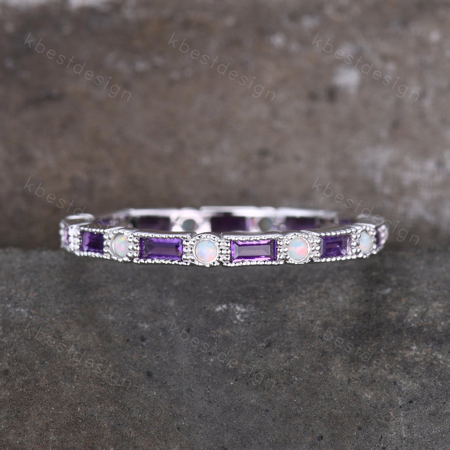 Amethyst Wedding Band Art Deco Eternity Band Opal Wedding Band White Gold Ring for Women Stacking Matching Band Anniversary Ring