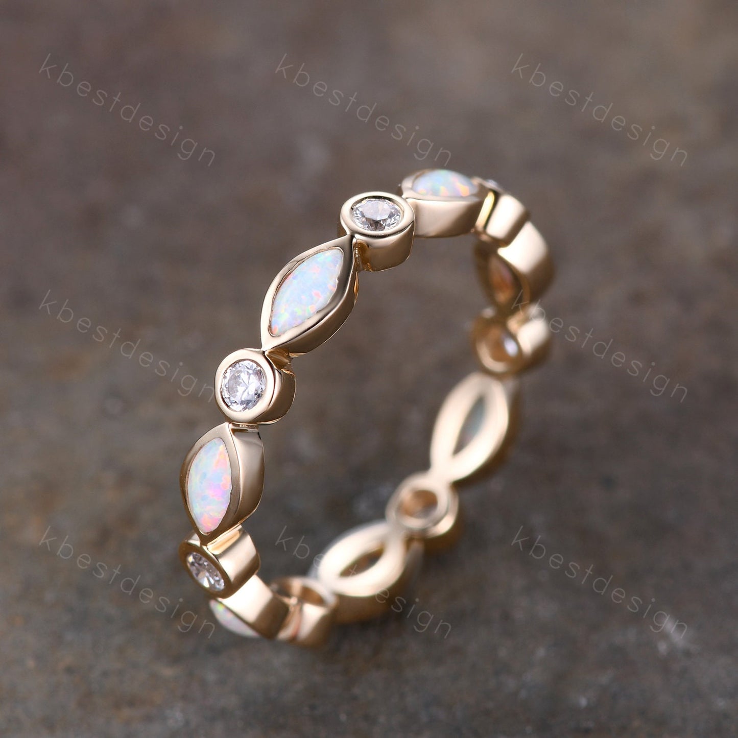 Marquise Opal Ring Full Eternity Opal Wedding Band Moissanite Wedding Ring Art deco Stacking Matching Band Anniversary Band Solid Gold Ring