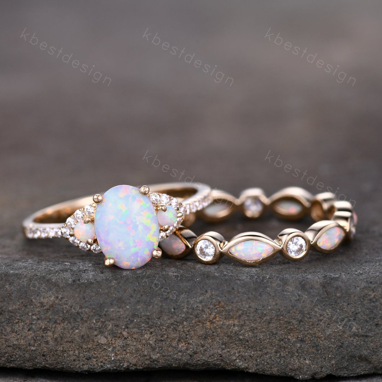 Opal rings for women, Oval white opal engagement ring, Opal eternity band, Rose gold opal rings, Wedding ring set, Bridal set