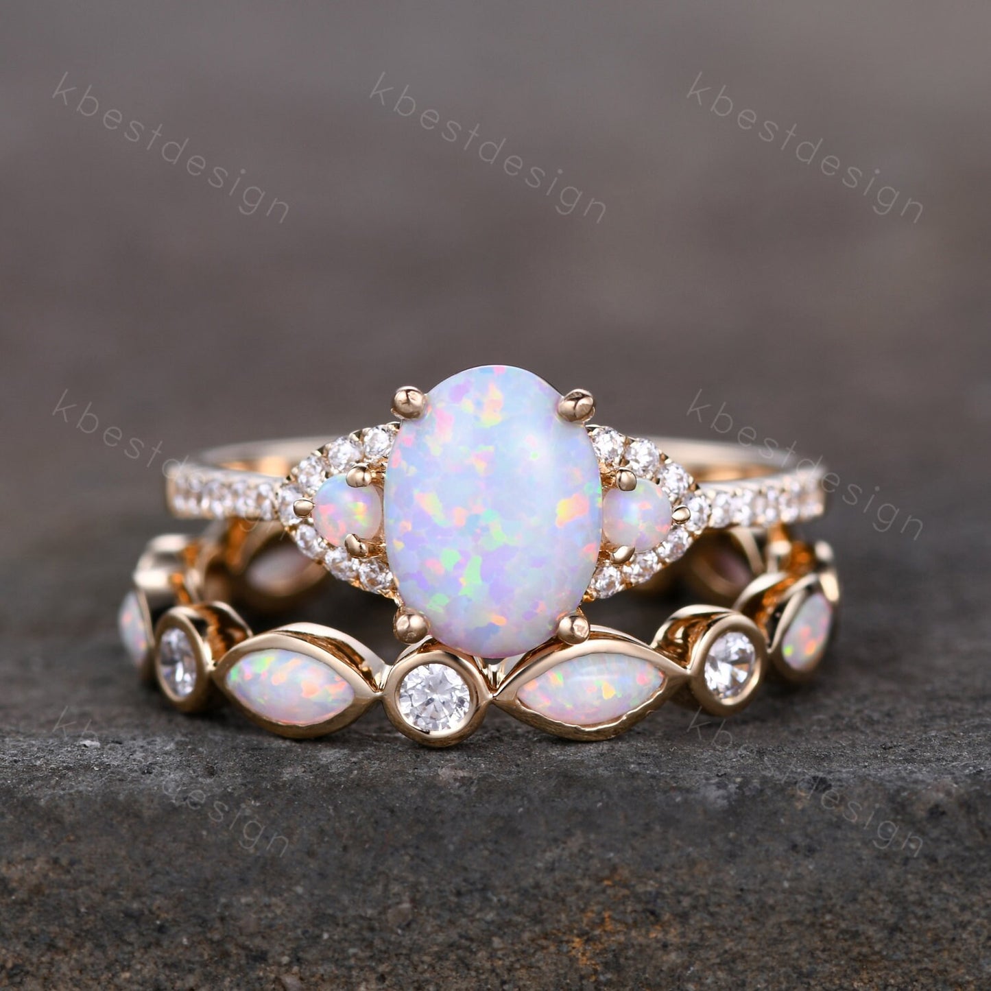 Opal rings for women, Oval white opal engagement ring, Opal eternity band, Rose gold opal rings, Wedding ring set, Bridal set