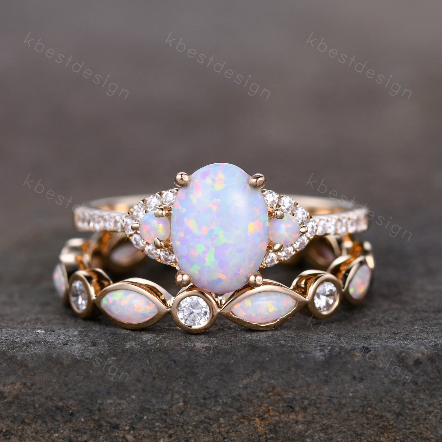 Opal rings for women, Oval white opal engagement ring, Opal eternity band, Rose gold opal rings, Wedding ring set, Bridal set