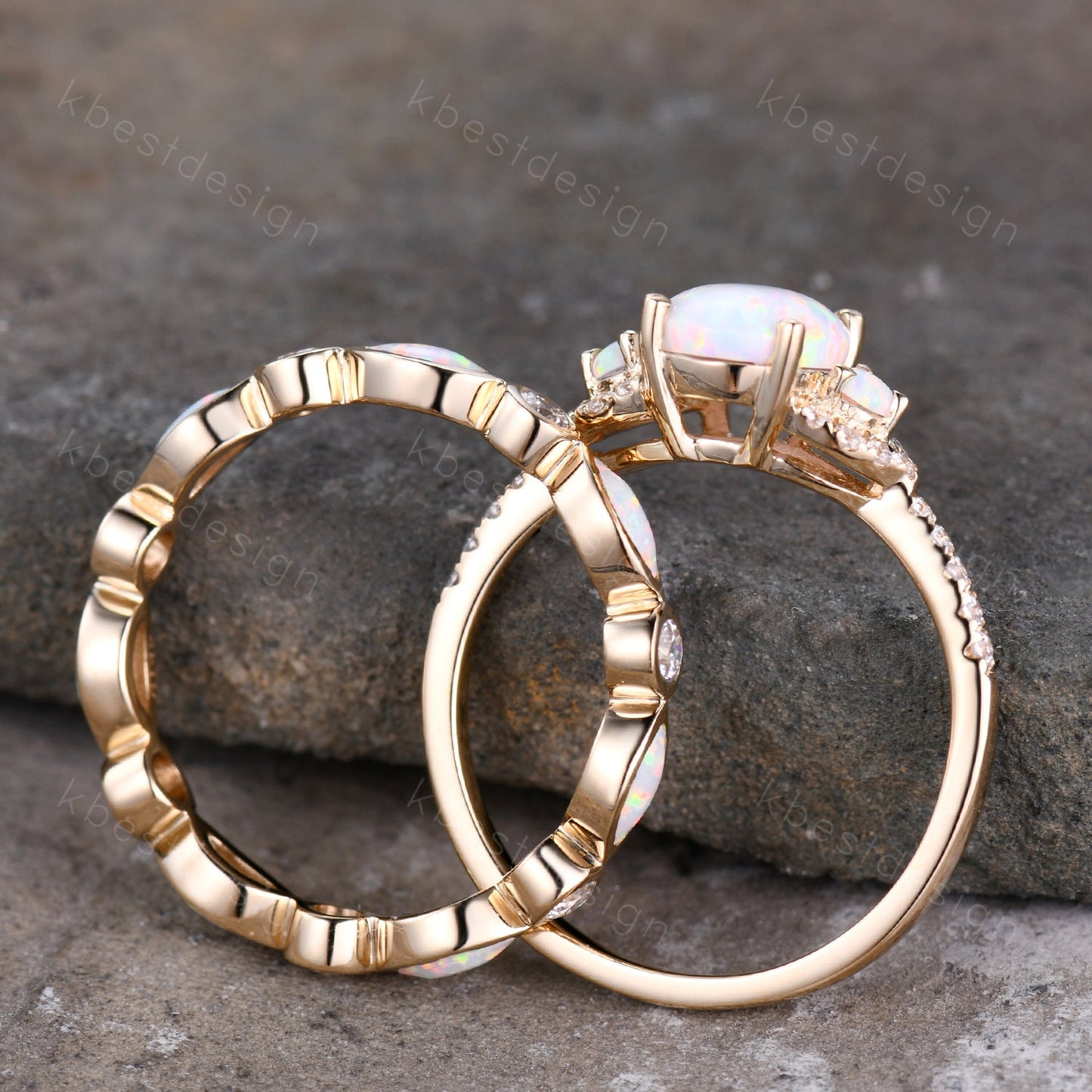 Opal rings for women, Oval white opal engagement ring, Opal eternity band, Rose gold opal rings, Wedding ring set, Bridal set