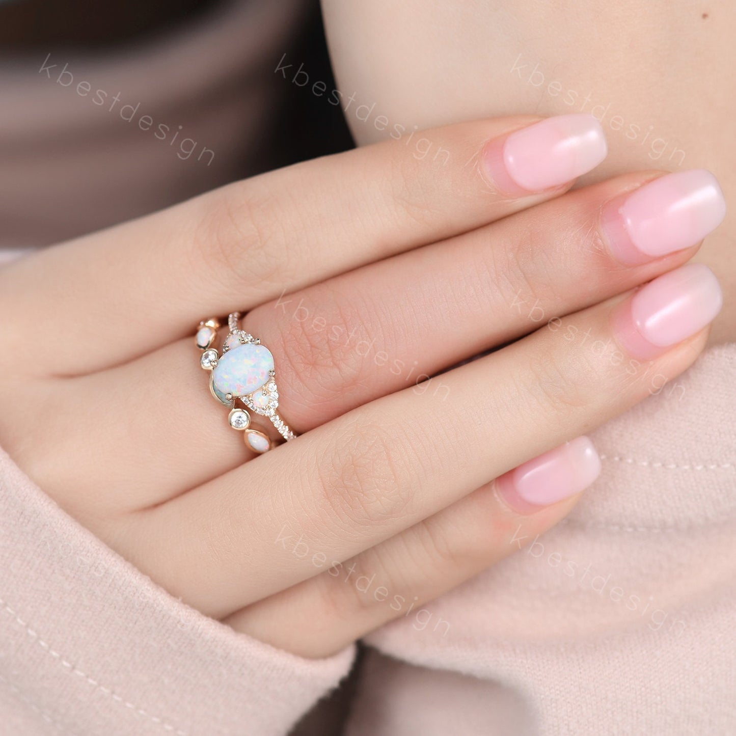 Opal rings for women, Oval white opal engagement ring, Opal eternity band, Rose gold opal rings, Wedding ring set, Bridal set