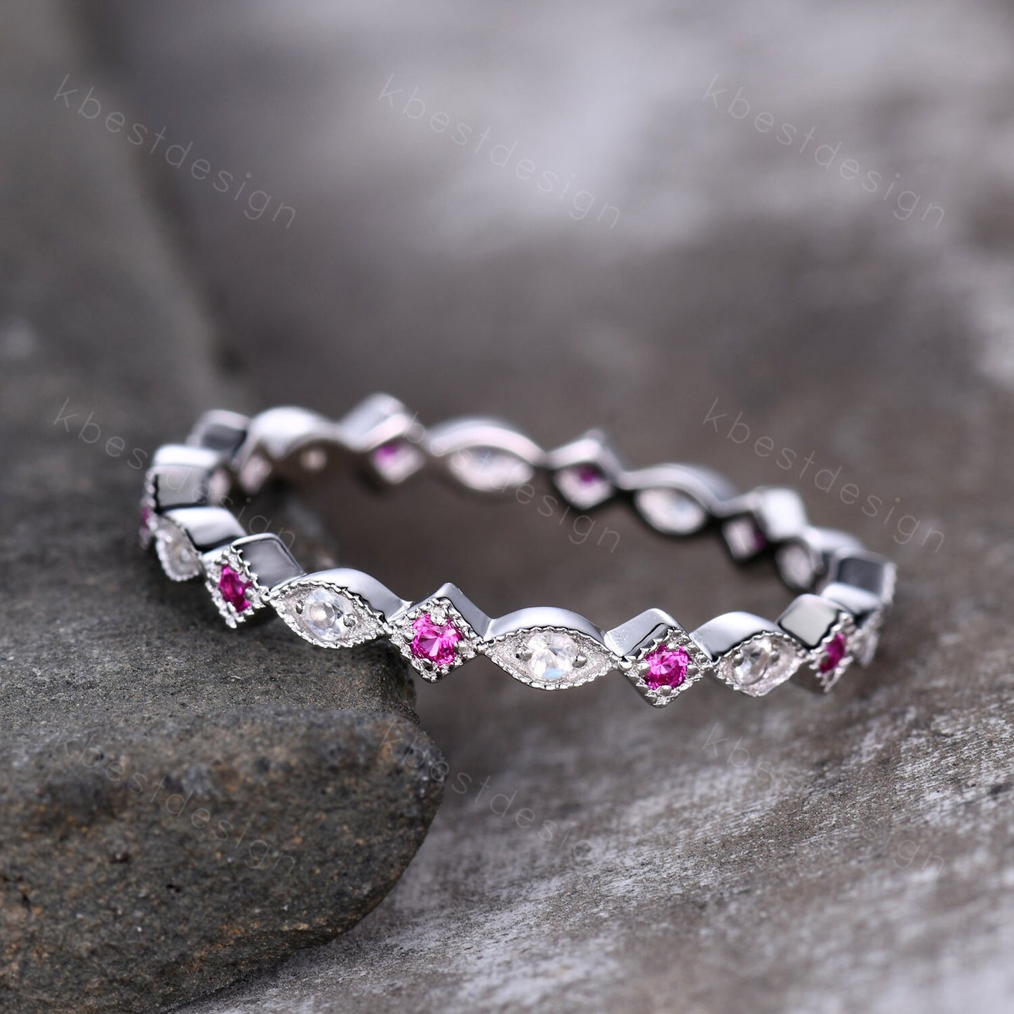 Art Deco Moonstone Ruby Wedding band Full eternity ring Vintage white gold band Unique Matching Stacking ring Anniversary ring Milgrain