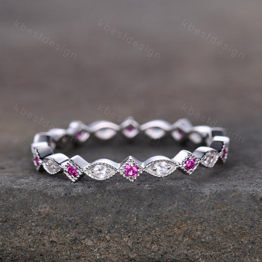 Art Deco Moonstone Ruby Wedding band Full eternity ring Vintage white gold band Unique Matching Stacking ring Anniversary ring Milgrain