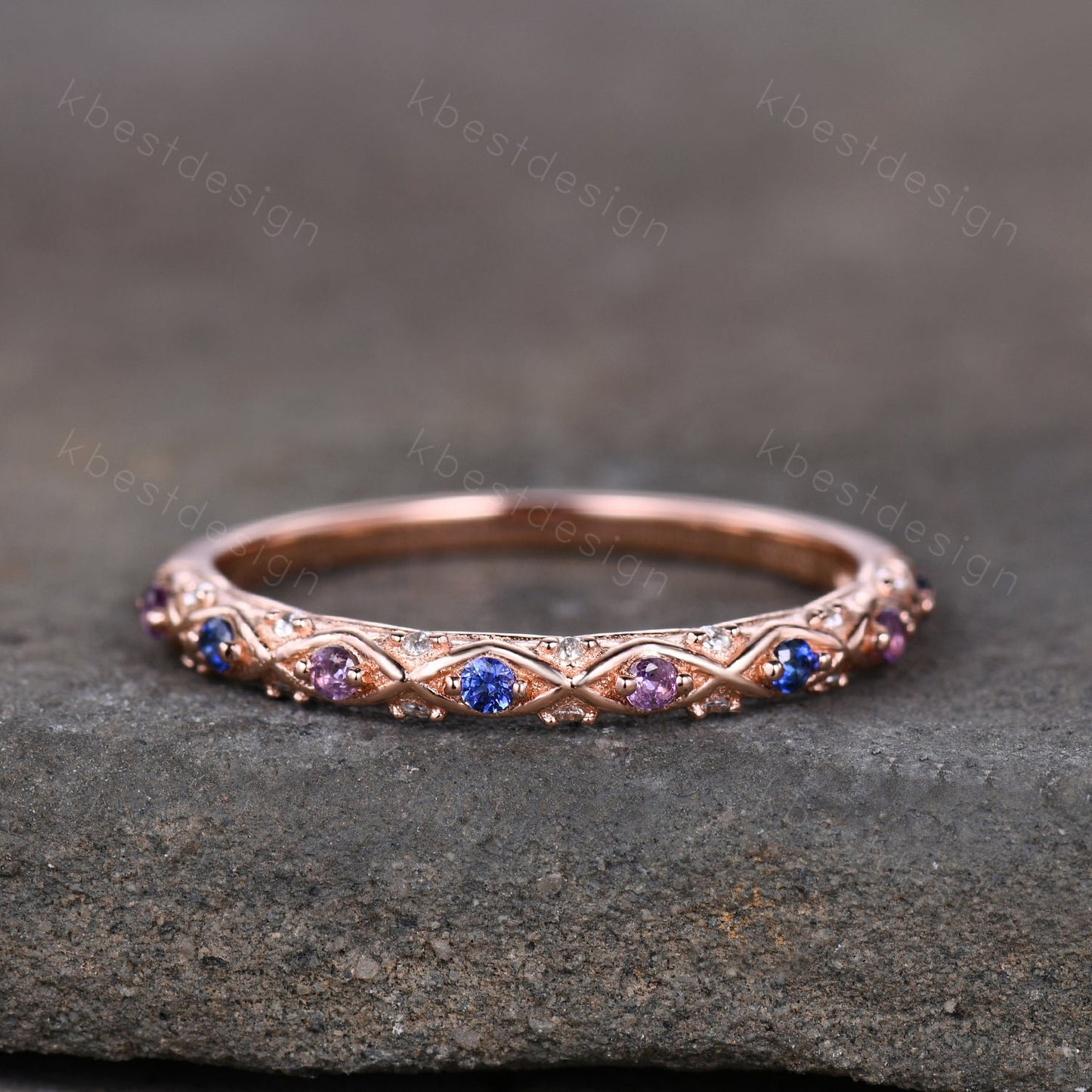 Antique Sapphire Wedding Band Women Solid 14K Yellow Gold Band Amethyst Wedding Band Vintage Stacking Matching Band Anniversary Ring
